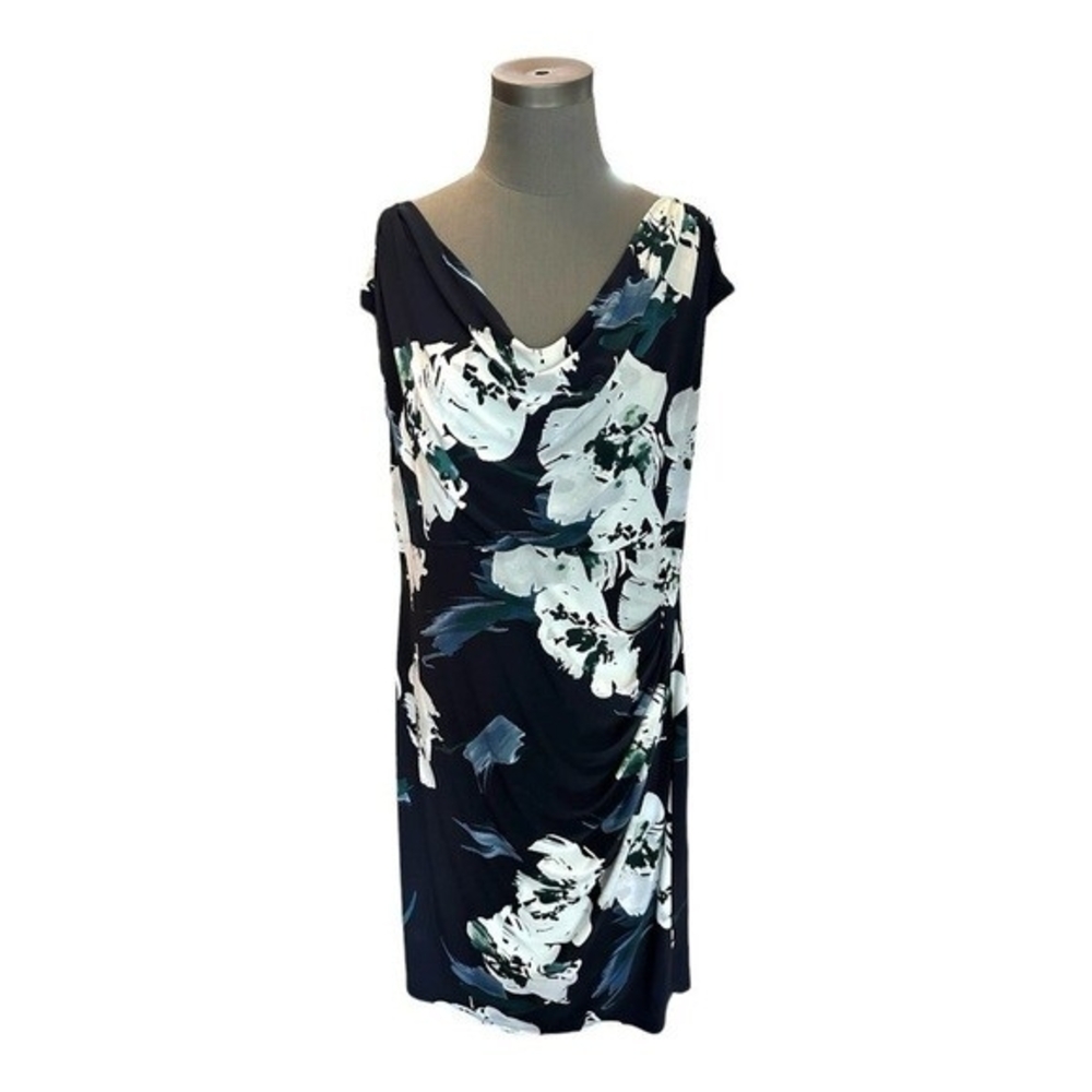 Lauren Ralph Lauren Navy Floral Cowl Neck Sleeveless Sheath Midi Dress Sz 18W VG - Picture 5 of 9